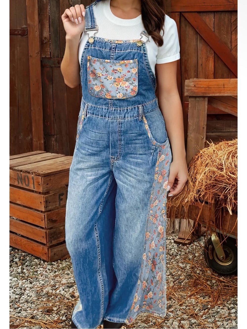Floral Panel Blue Denim Overalls for Women